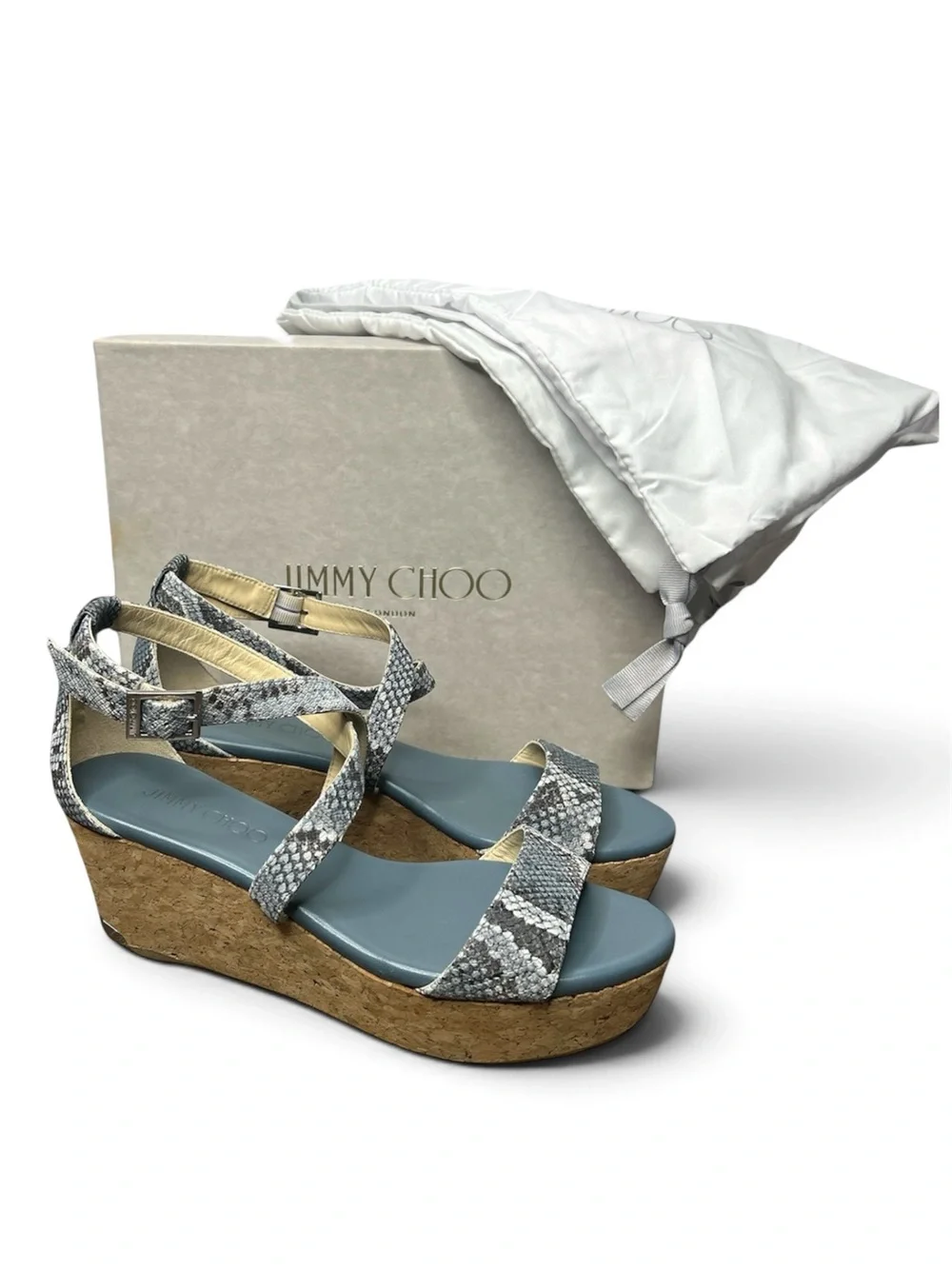 Jimmy Choo Portia Snake Embossed Cork Wedge Sandals Platform Designer Size 37.5